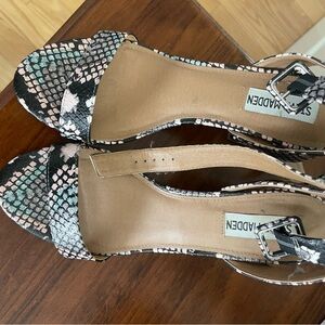 Steve Madden Snake-Print Open-Toe Ankle Strap Sandals in Pink, Black, Mint
